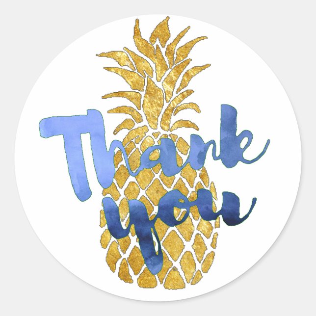 indigo blue thank you on gold pineapple classic round sticker (Front)