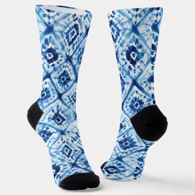 Indigo Blue Tie Dye Elegant Geometric Pattern Socks (Angled)