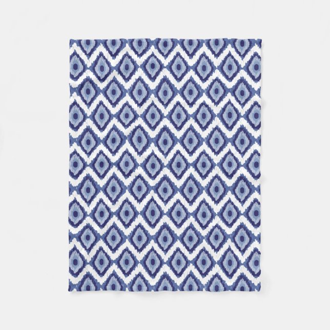 Indigo Blue Tribal Ikat Diamond White Chevron Fleece Blanket (Front)