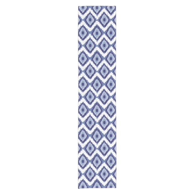 Indigo Blue Tribal Ikat Diamond White Chevron Short Table Runner (Front)