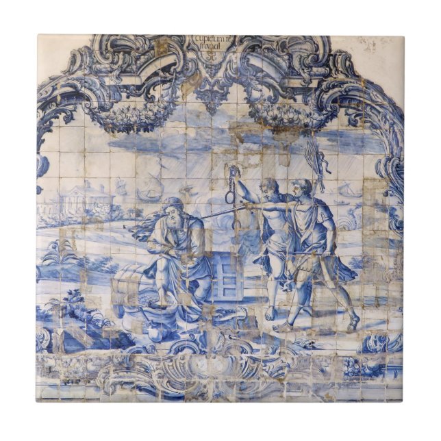 Indigo Blue Vintage Azulejo Antique Shabby Chic Tile (Front)