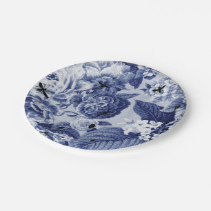 Indigo Blue Vintage Botanical & Bugs Floral Toile Paper Plate