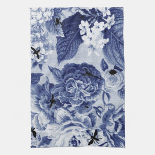 Indigo Blue Vintage Botanical & Bugs Floral Toile Tea Towel