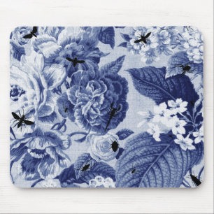 Indigo Blue Vintage Botanical Floral Toile & Bees Mouse Mat