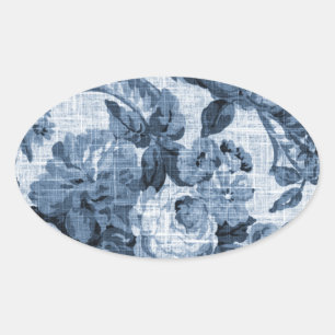 Indigo Blue Vintage Botanical Floral Toile No.5 Oval Sticker