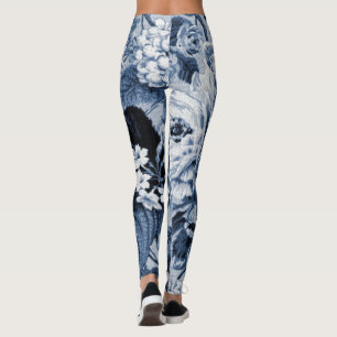 Indigo Blue Vintage Floral Toile Fabric No.1 Leggings