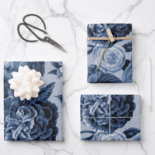 Indigo Blue Vintage Floral Wrapping Paper Sheet (Front)