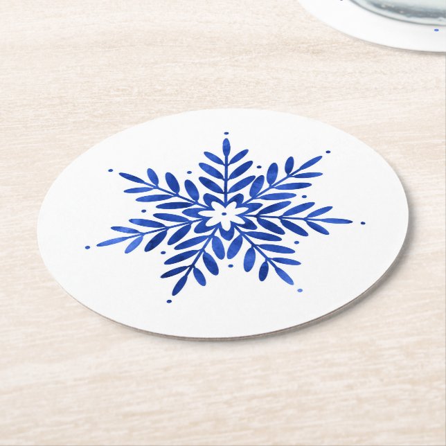 Indigo Blue Watercolor Abstract Snowflake Round Paper Coaster (Angled)