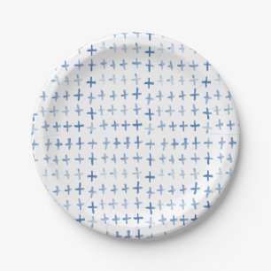 Indigo blue watercolor crosses Japanese shibori  Paper Plate