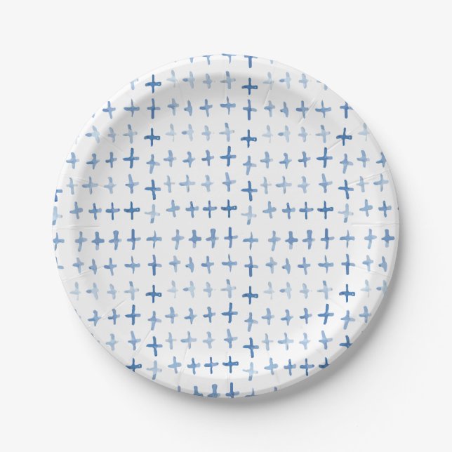 Indigo blue watercolor crosses Japanese shibori  Paper Plate (Front)