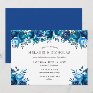Indigo blue watercolor floral horizontal wedding invitation