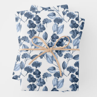 Indigo Blue Watercolor Floral Wrapping Paper
