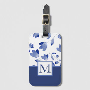 Indigo Blue Watercolor Flower Stems Luggage Tag