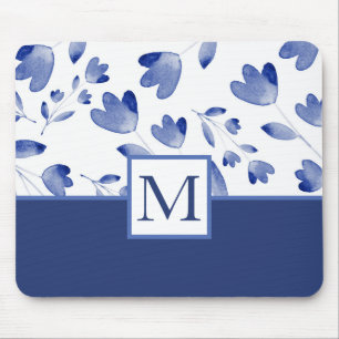 Indigo Blue Watercolor Flower Stems Mouse Mat