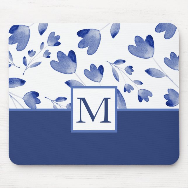 Indigo Blue Watercolor Flower Stems Mouse Mat (Front)