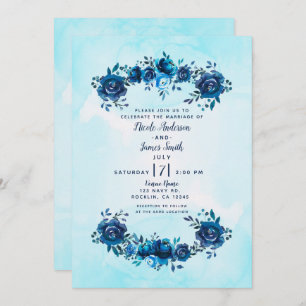 Indigo Blue Watercolor Flowers Floral Wedding Invitation