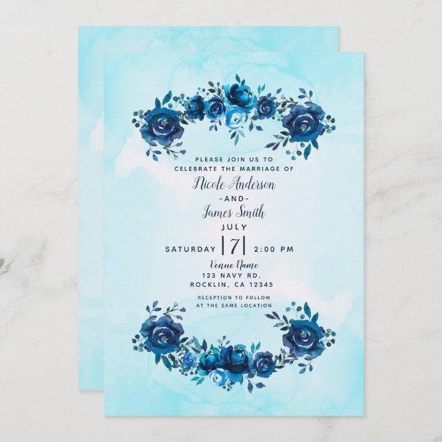 Indigo Blue Watercolor Flowers Floral Wedding Invitation (Front/Back)