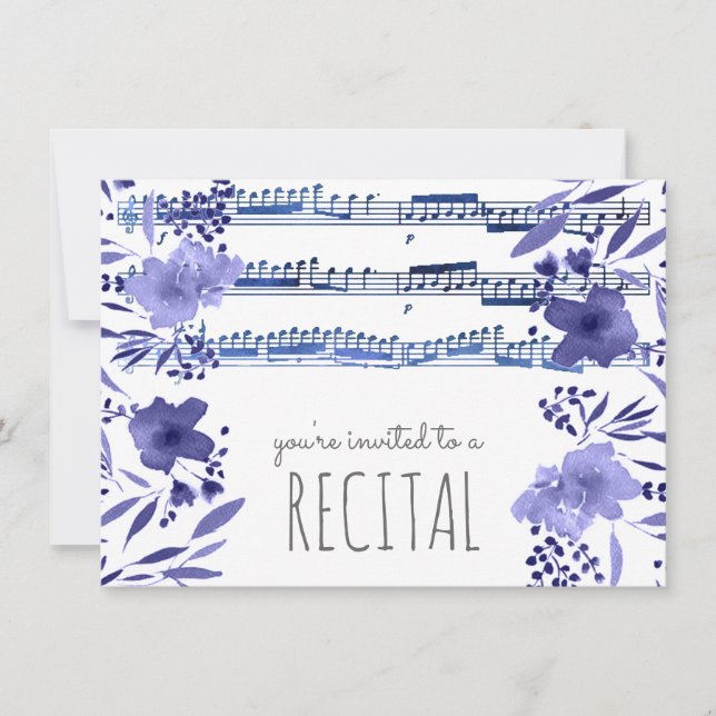 indigo blue watercolor flowers music recital invitation (Front)
