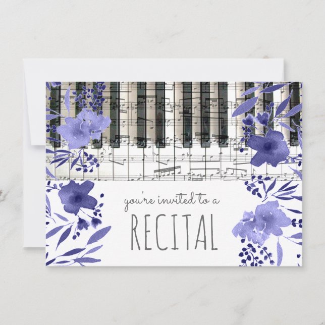 indigo blue watercolor flowers music recital invitation (Front)