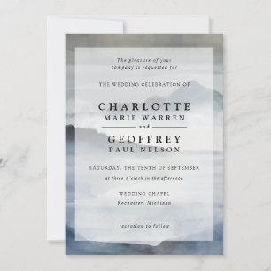 Indigo blue watercolor misty landscape wedding invitation