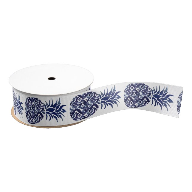 indigo blue watercolor pineapples grosgrain ribbon (Spool)