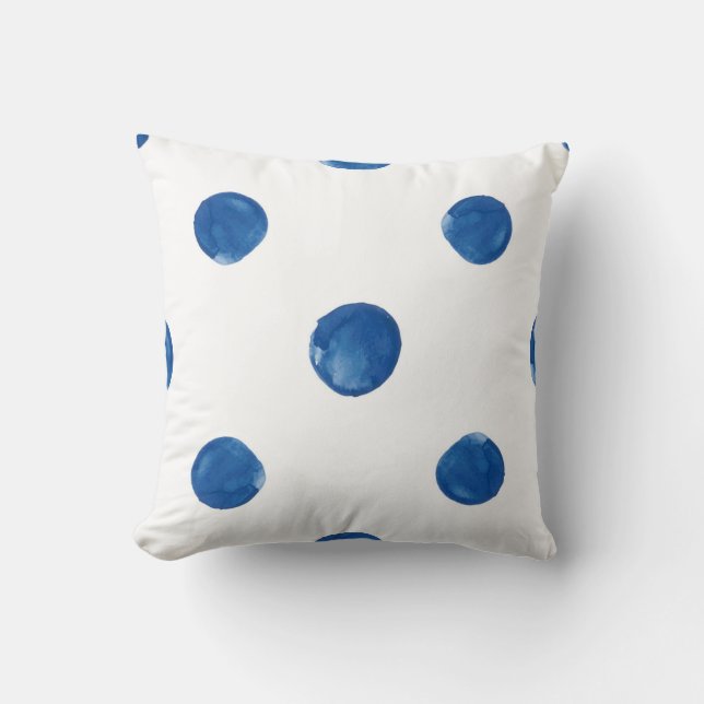 Indigo blue watercolor polka dots shibori pattern cushion (Front)