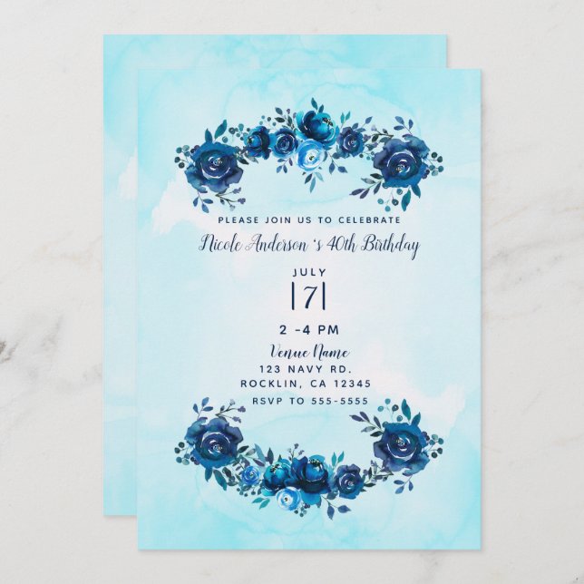 Indigo Blue Watercolor Rustic Floral Birthday Invitation (Front/Back)