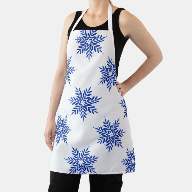 Indigo Blue Watercolor Snowflake Pattern Apron (Insitu)