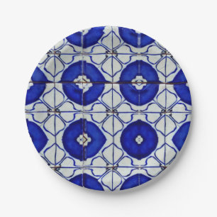 Indigo blue white geometric art moroccan mosaic  paper plate