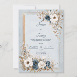 Indigo Blue White Gold Floral Winter Elegant Invitation