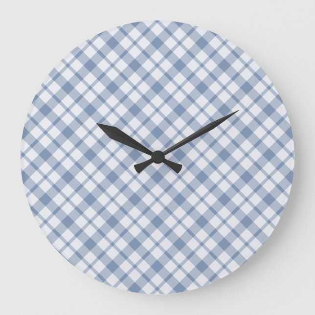Indigo Blue, White Preppy Checks Round Wall Clock (Front)