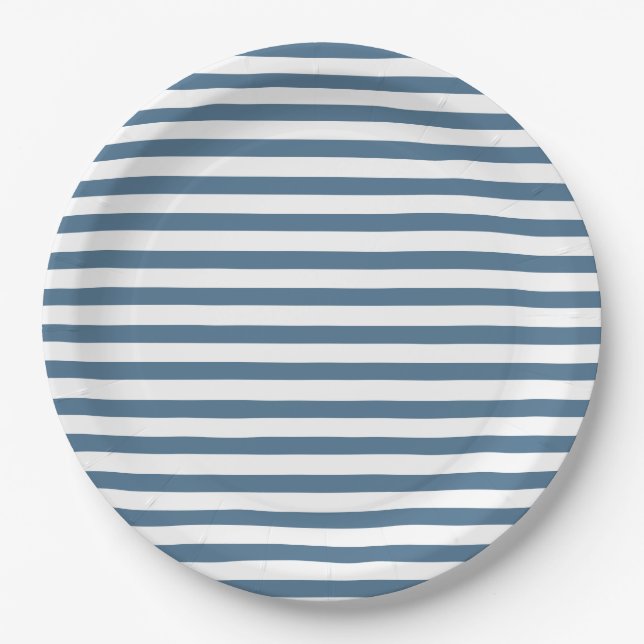 Indigo Blue & White Striped - Nautical Paper Plate (Front)