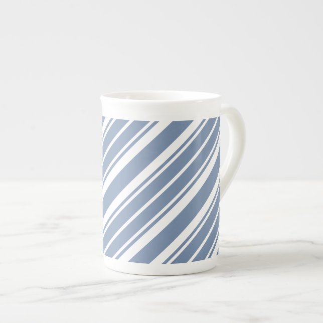 Indigo Blue, White Ticking Stripes Bone China Mug (Front Right)