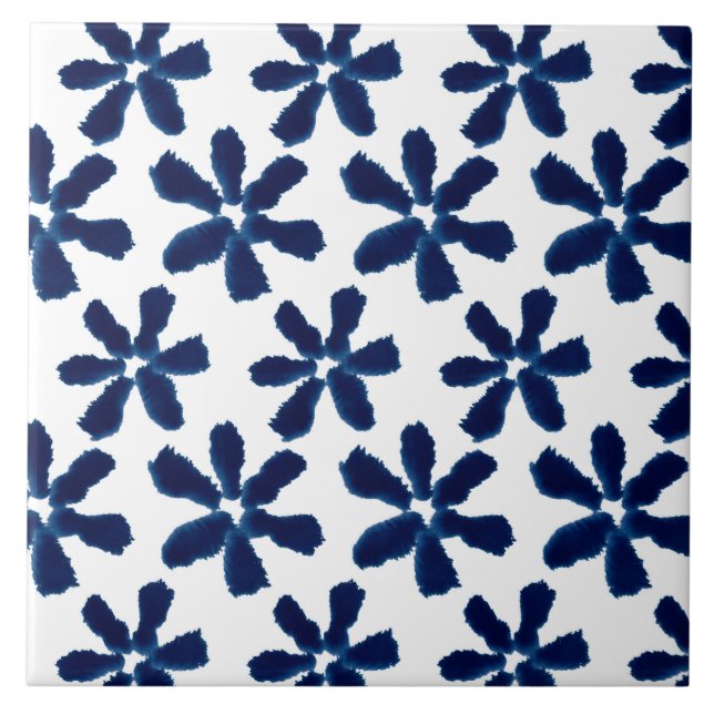 Indigo Blue White Watercolor Ink Floral Pattern Tile (Front)