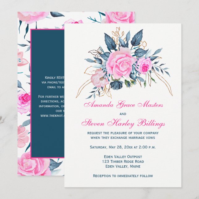 Indigo Blue with Pink Roses Wedding Invitation (Front/Back)