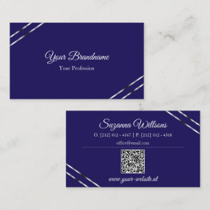 Indigo Blue with Silver Lines and QR Code Elegant Business Card