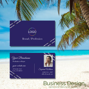 Indigo Blue with Silver Lines Logo and Photo Business Card