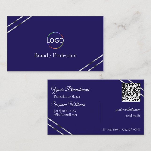 Indigo Blue with Silver Lines Logo and QR Code Business Card (Front/Back)