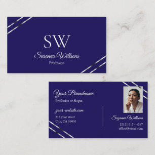 Indigo Blue with Silver Lines Monogram and Photo Business Card