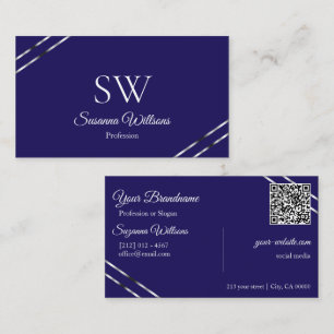 Indigo Blue with Silver Lines Monogram and QR Code Business Card
