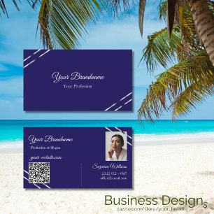 Indigo Blue with Silver Lines Photo and QR Code Business Card
