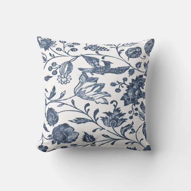 Indigo Blue Woodblock Floral Pillow (Front)