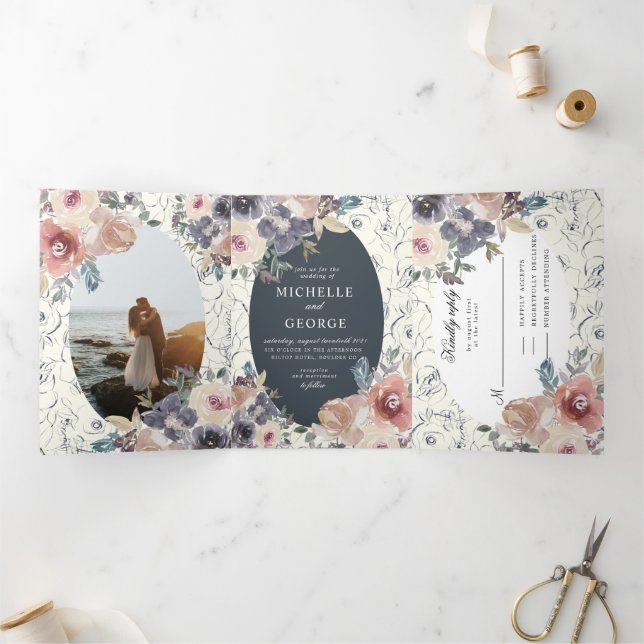 indigo blush floral tri fold wedding invitation (Inside)