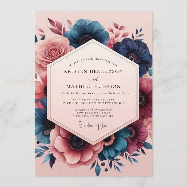 Indigo Blush Painterly Bloom Wedding Invitation (Front)