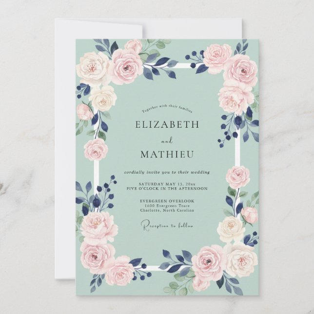 Indigo Blush Peach Painted Wedding Invitation (Front)