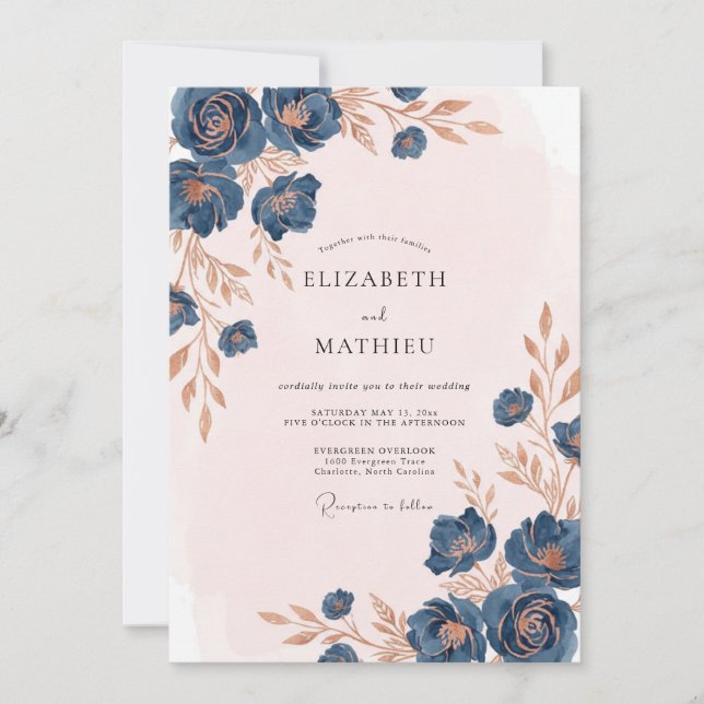 Indigo Bronze Petal Wedding Invitation (Front)