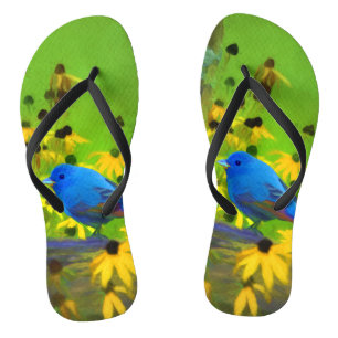 Indigo Bunting Painting - Original Bird Art Flip Flops