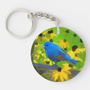 Indigo Bunting Painting - Original Bird Art Key Ring