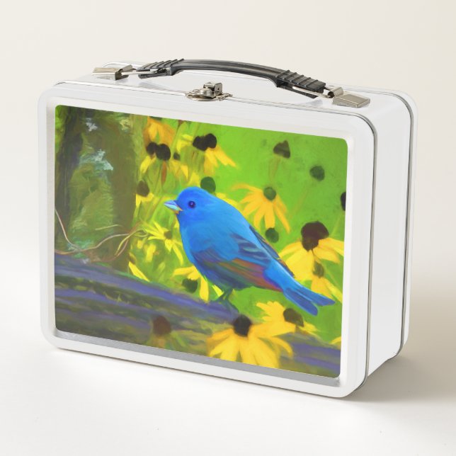 Indigo Bunting Painting - Original Bird Art Metal Lunch Box (Front)