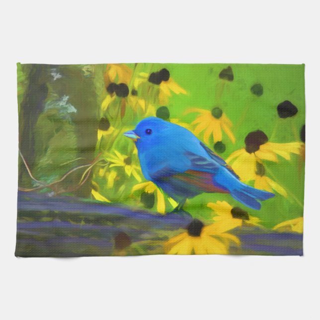 Indigo Bunting Painting - Original Bird Art Tea Towel (Horizontal)
